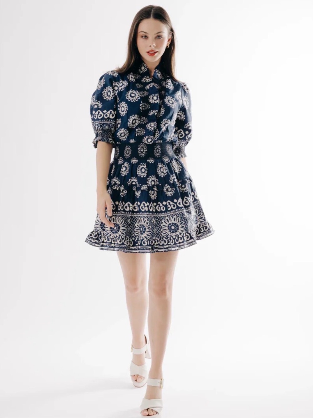 Love the Label Zita Mini Dress - Navy and White Floral Print with Smocked Waist